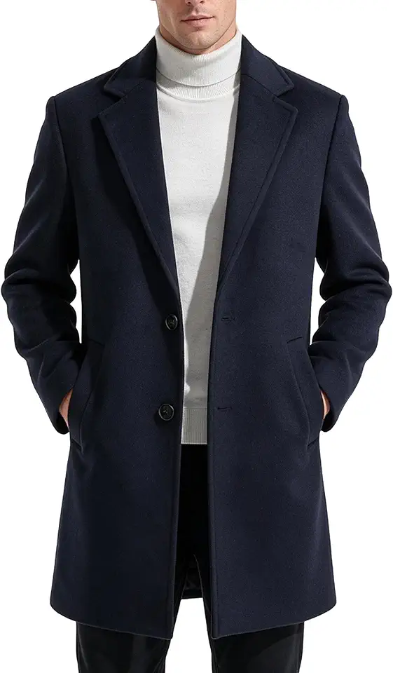 KUDORO Men's Mid Long Pea Coat Wool Trench Coat Slim Fit Winter Dress Coat
