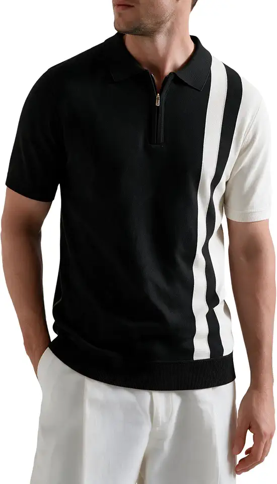 DREVIN Men Casual Striped Slim Fit Polo Shirts for Men Quarter Zip