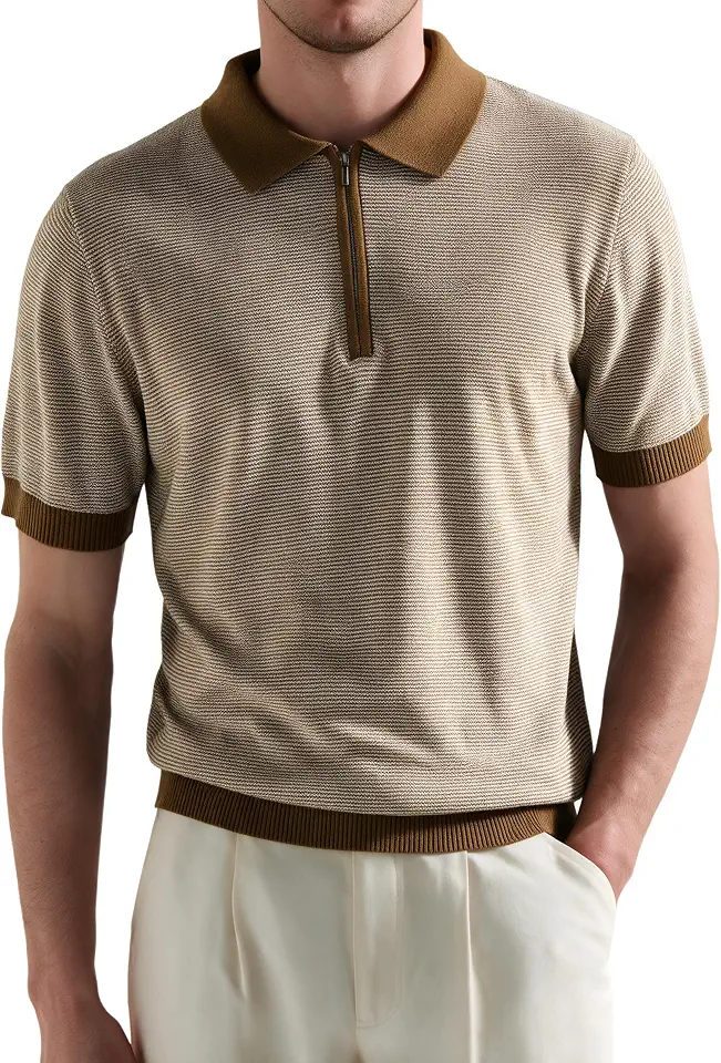 Men's Brown Striped Button Through Knit Polo Shirt