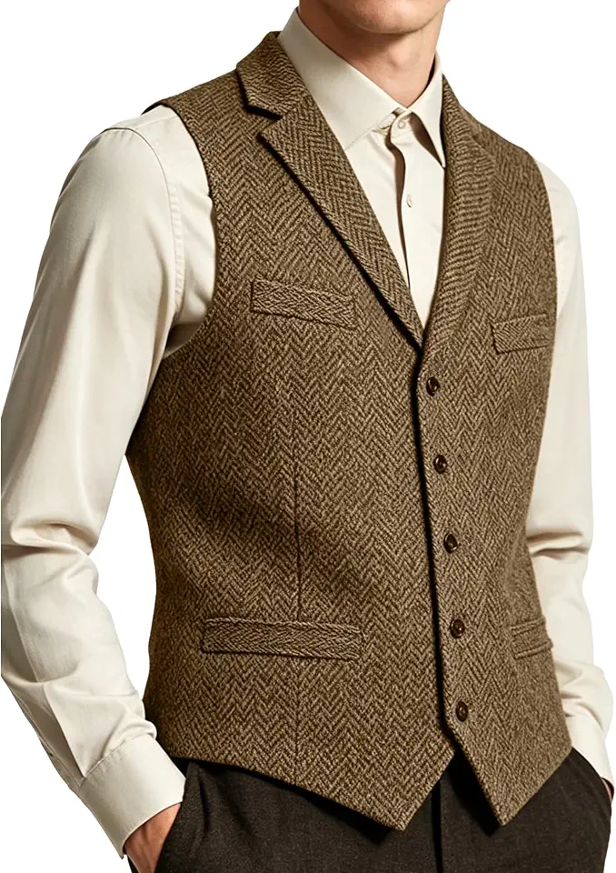 Men‘s Western Retro Tweed Vest Mens Formal Slim Fit Business Vests