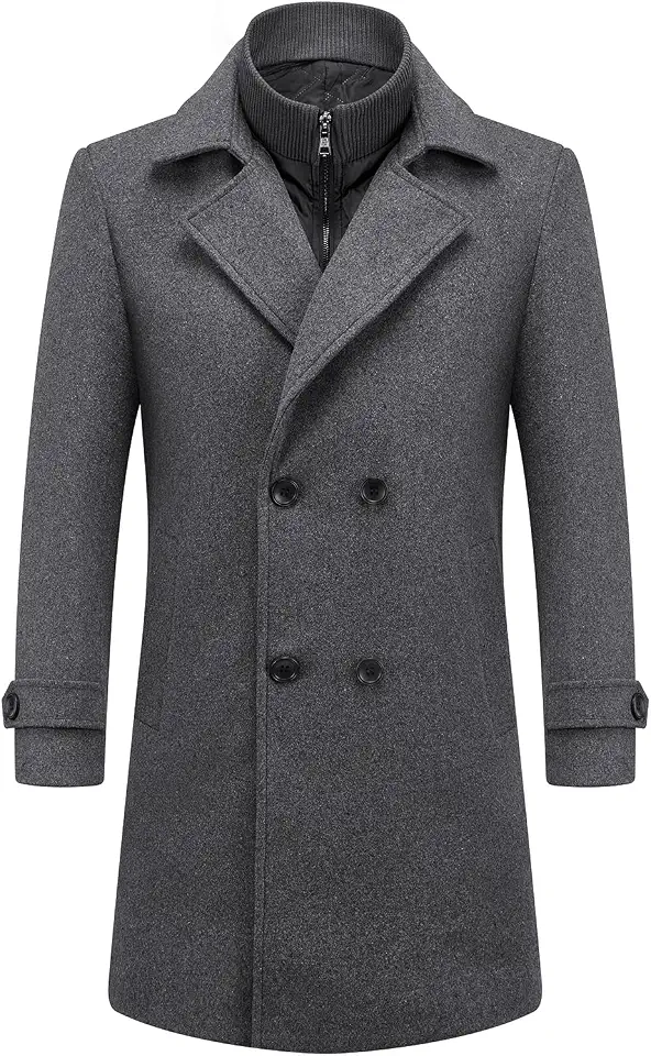 Mens Wool Blend Overcoat Winter Long Pea Coat with Detachable Bib