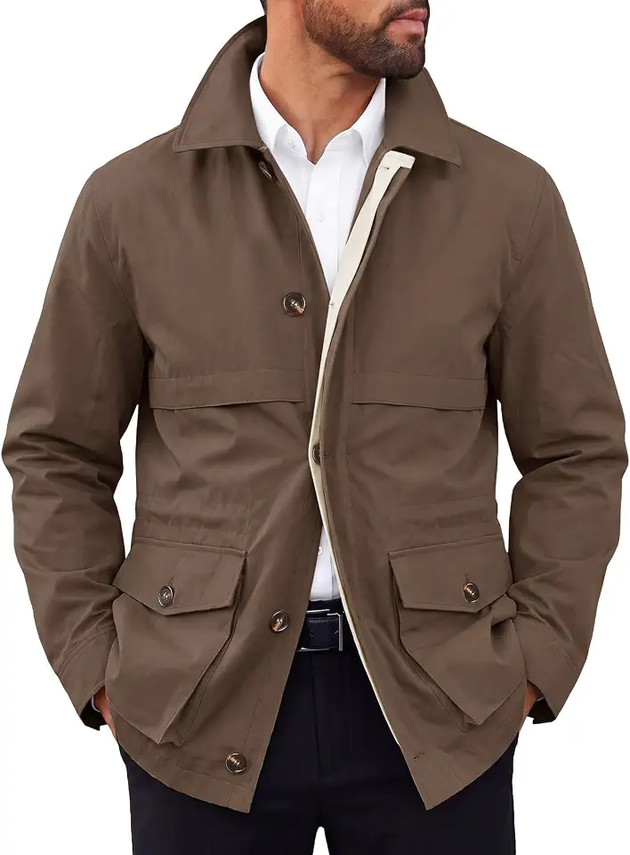 Runcati Mens Lightweight Safari Jacket Military Casual Cargo Outwear