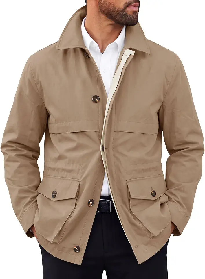Runcati Mens Lightweight Safari Jacket Military Casual Cargo Outwear