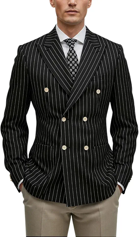 Men's Double Breasted Pinstripe Suit Jacket Formal Business Blazer Coat