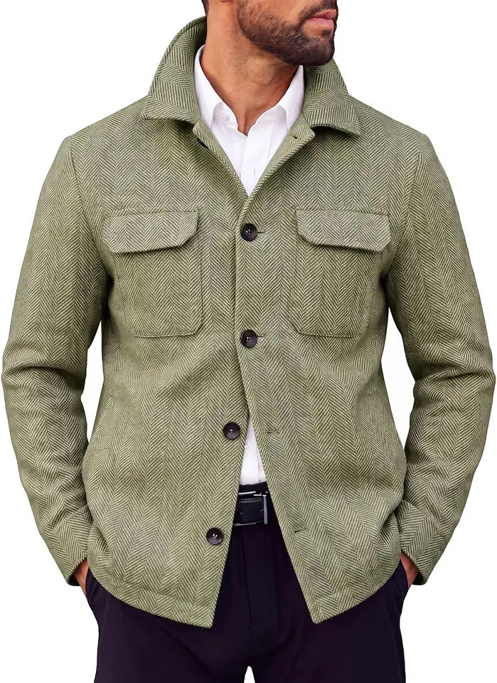 Men's Olive Herringbone Tweed Field Jacket