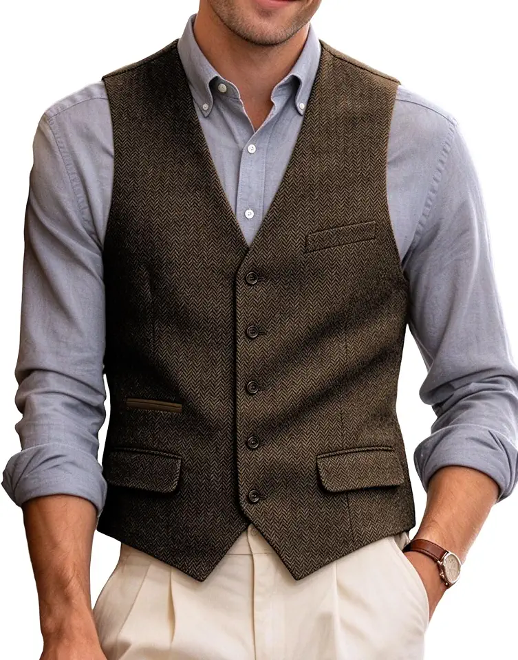 Bakerbear Vintage Western Mens Herringbone Vests for Men Classic Waistcoat