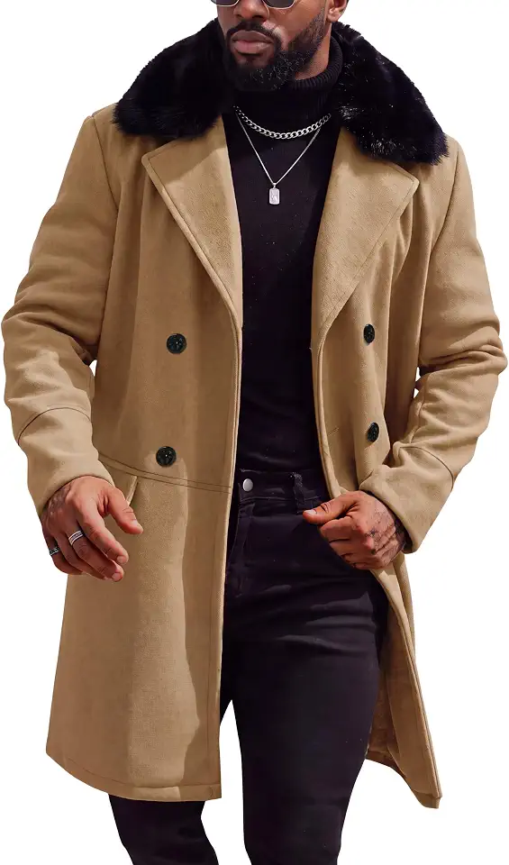 Runcati Mens Pea Coat Double Breasted Overcoat Notch Lapel Long Trench Coat