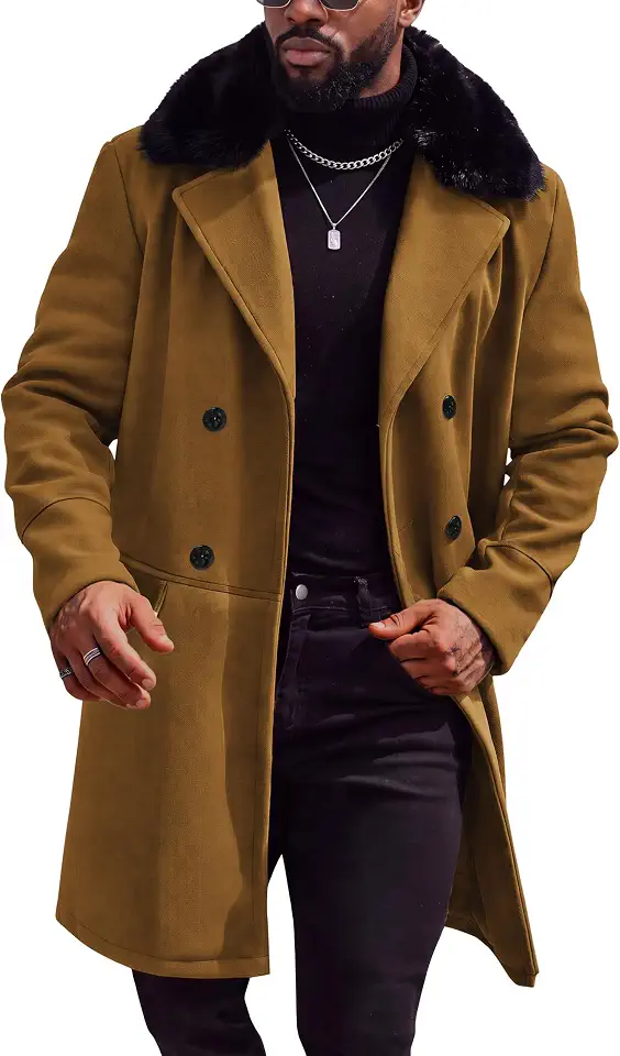 Runcati Mens Pea Coat Double Breasted Overcoat Notch Lapel Long Trench Coat