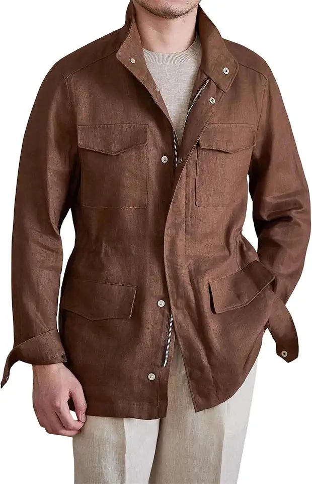 Men's Linen Safari Jacket Long Sleeve Breathable Lightweight Cargo Coat
