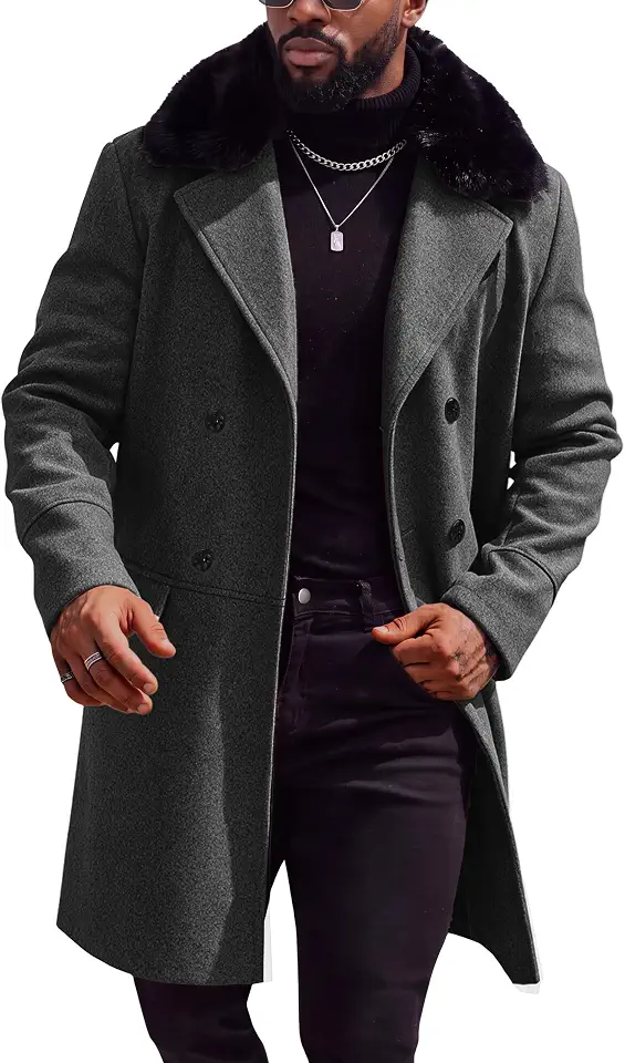 Runcati Mens Pea Coat Double Breasted Overcoat Notch Lapel Long Trench Coat