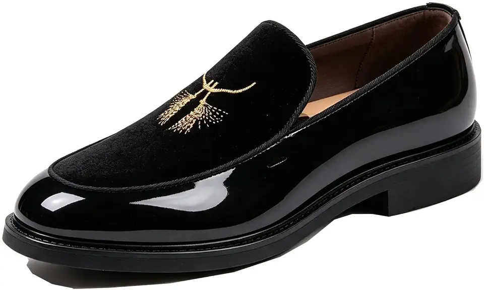 Men's Velvet Embroidered Loafers Slip-On Low Heel Dress Smoking Slippers