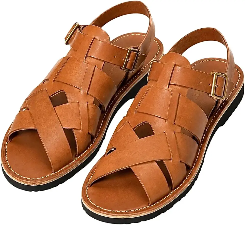 Men's Woven Leather Fisherman Sandals, Tan Brown. Bohemians men huaraches.