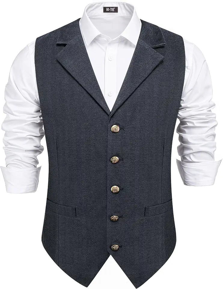 Hi-Tie Mens Vintage Herringbone Suit Vest Wool Blend Slim Fit Waistcoat