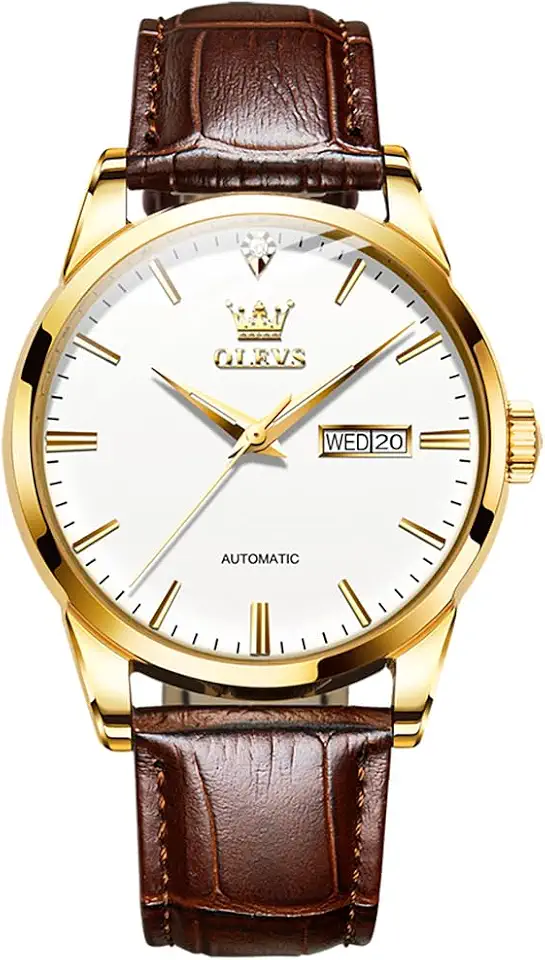 OLEVS Brown Leather Watch for Men Classic Self-Winding Dress 40mm Big Dial
