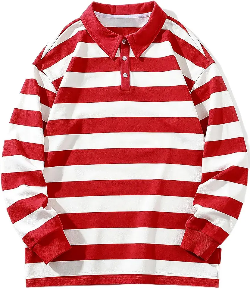 Funny World Mens Rugby Striped Long Sleeve Shirt Preppy Sweatshirt