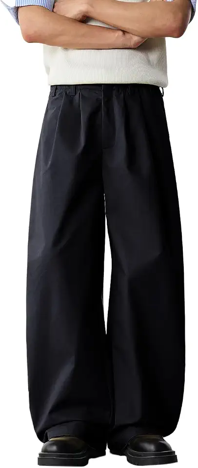 Mens Baggy Dress Pants Loose Work Trousers Wide Leg Pleated with Pocket