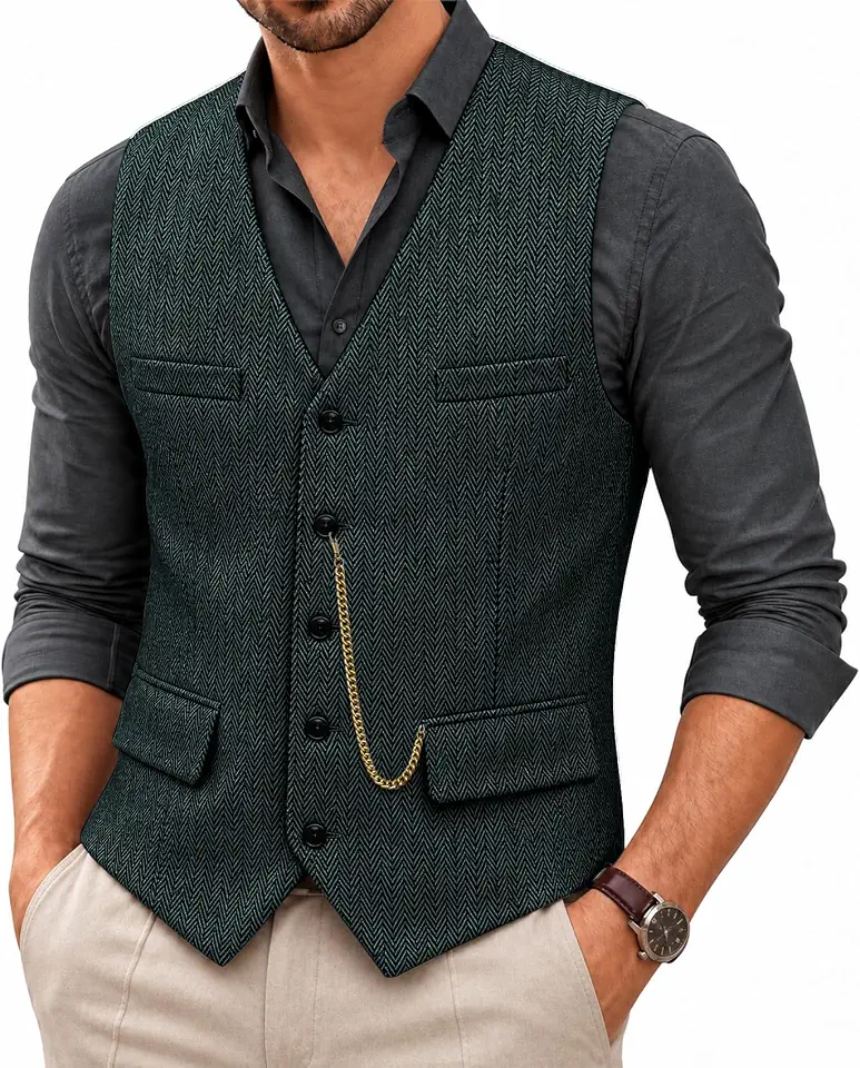 Barry.Wang Mens Tweed Herringbone Suit Vest Vintage Wool Blend Waistcoat