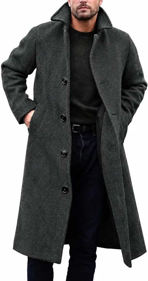 Runcati Mens Long Trench Coat Single Breasted Lapel Slim Fit Pea Coat