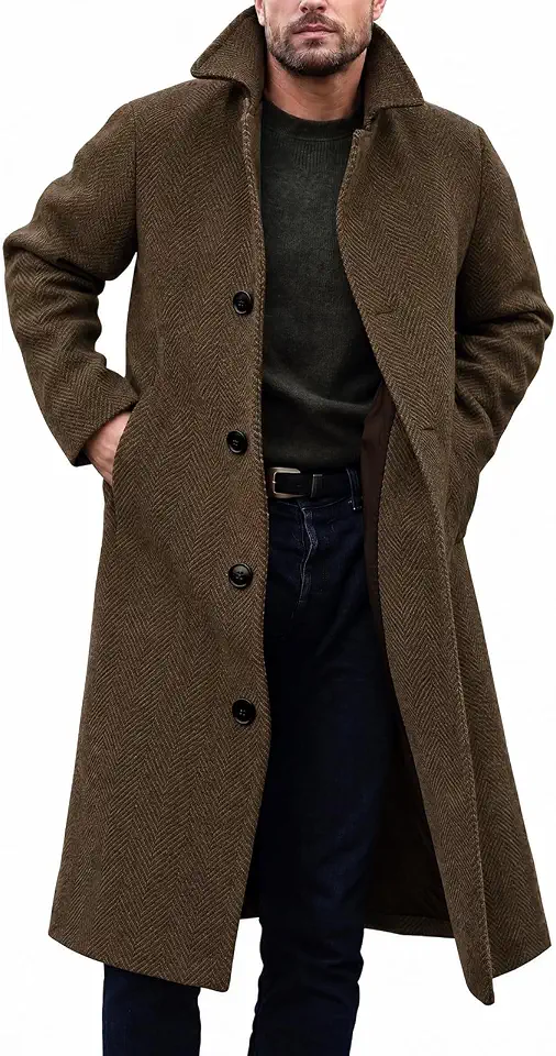 Runcati Mens Long Trench Coat Single Breasted Lapel Slim Fit Pea Coat