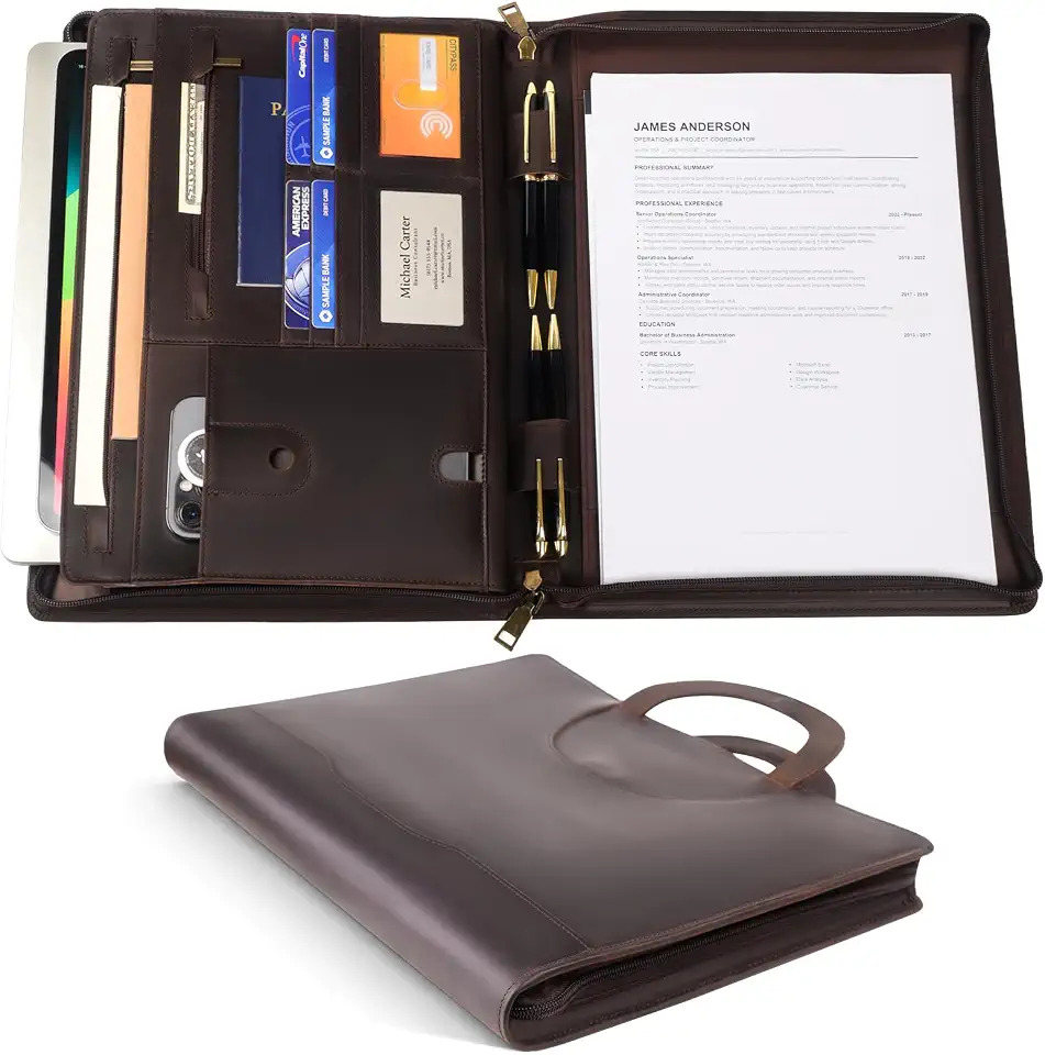 Padfolio for Men, Leather Business Portfolio with Zipper, Fold-Flat Handle