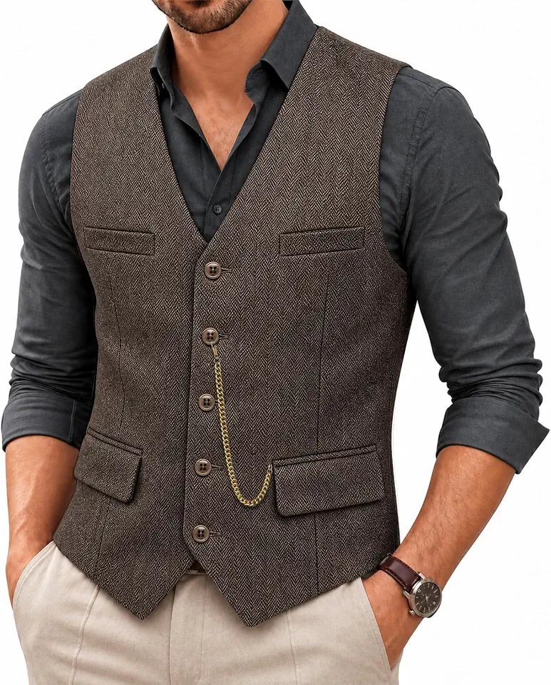 Barry.Wang Mens Tweed Herringbone Suit Vest Vintage Wool Blend Waistcoat
