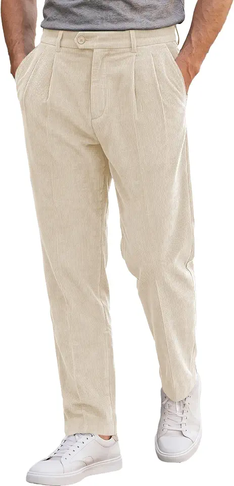 JMIERR Men's Corduroy Pants Stretch Relaxed Tapered Fit Pleated Trousers