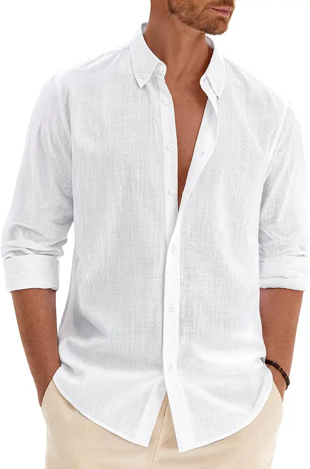 Mens Cotton Linen Shirt Long Sleeve Button Down Casual Summer Shirt