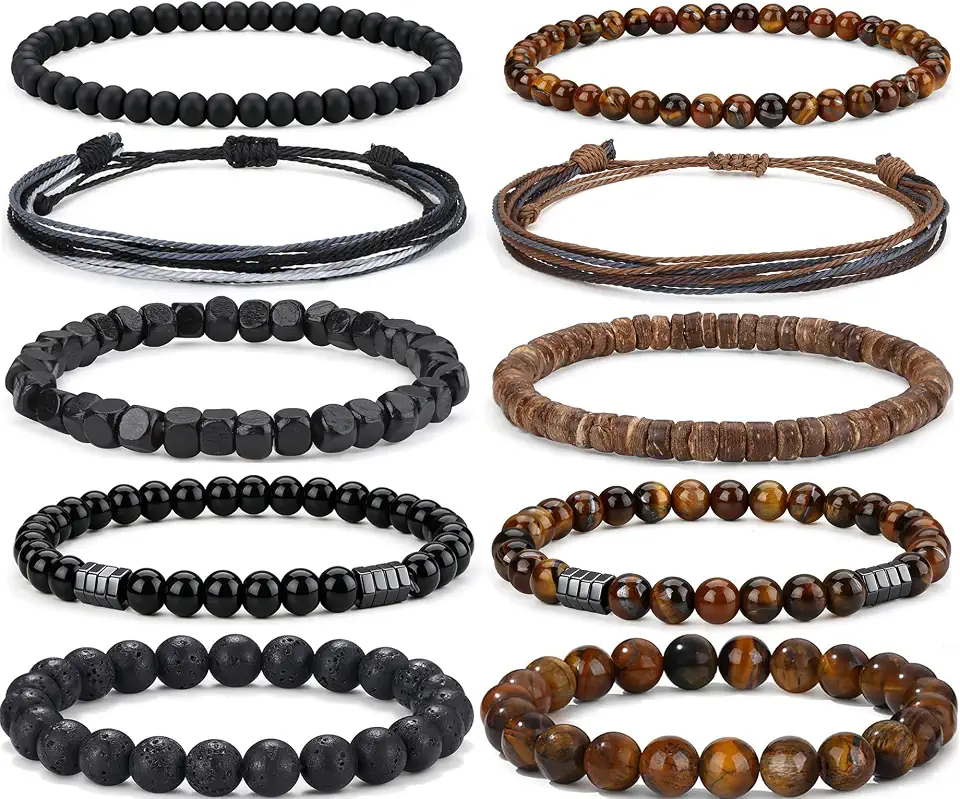 10Pcs Natural Stone Beaded Bracelet for Men Tiger Eye Rope Bracelet Set