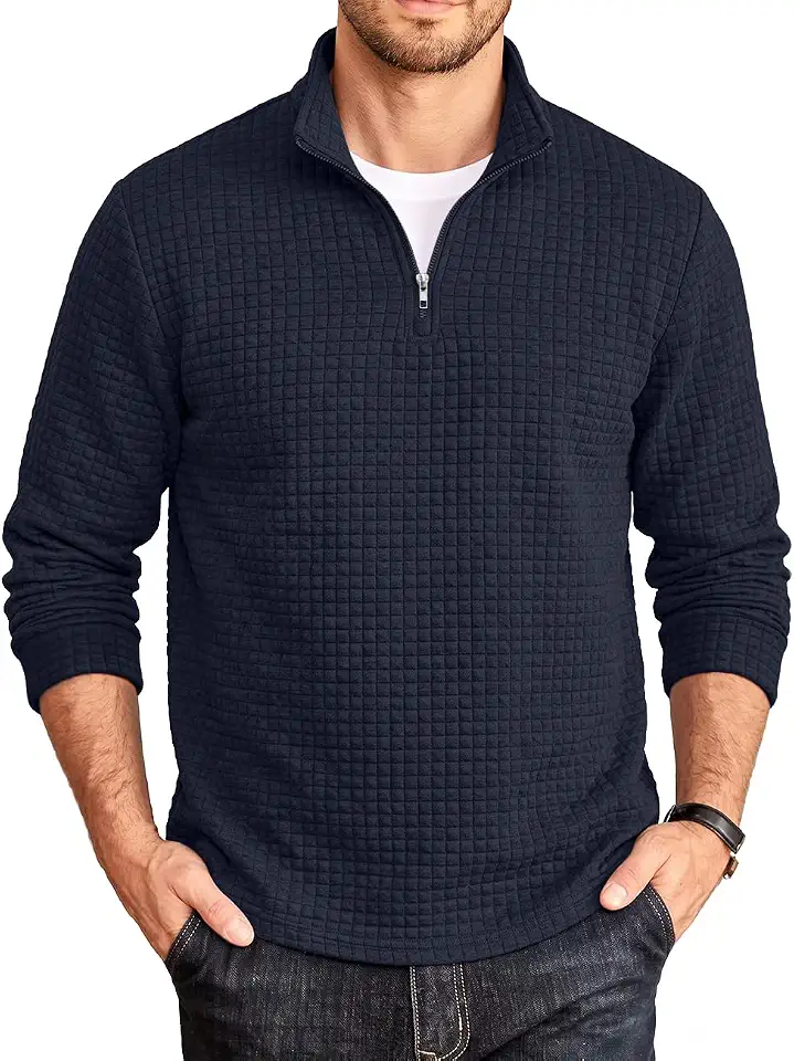 Mens Quarter Zip Pullover Waffle Sweatshirt Quilted Sweater