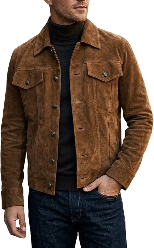 LP-FACON Mens Western Style Trucker Suede Leather Jacket