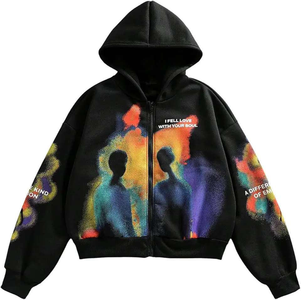 Men's Zip Up Cropped Hoodies 3D Body Print Graphic Baggy Sweatshirt
