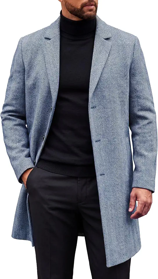 Runcati Mens Pea Coat Single Breasted Notch Lapel Slim Fit Trench Coat