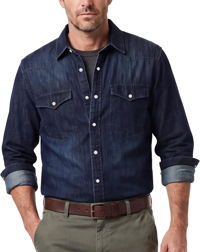 Kallspin Mens Vintage Washed Denim Western Pearl Snap Shirt Long Sleeve