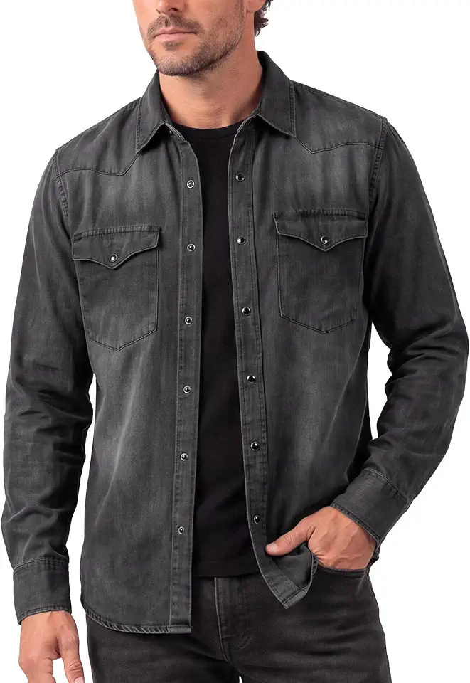 Kallspin Mens Vintage Washed Denim Western Pearl Snap Shirt Long Sleeve