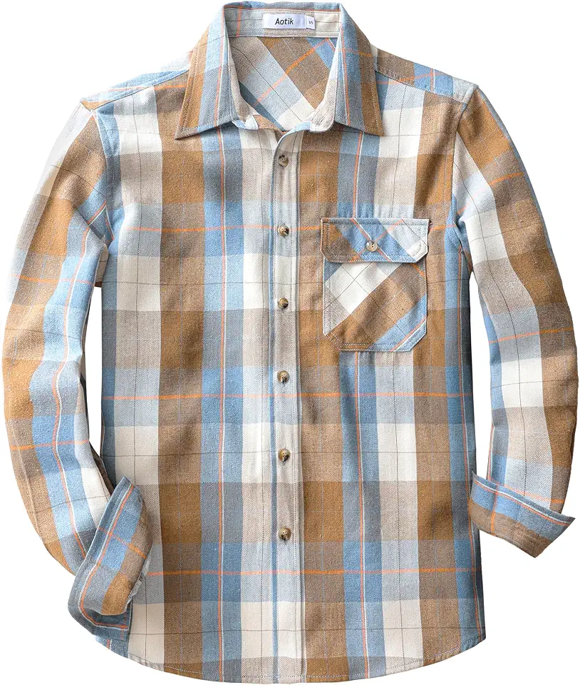 AOTIK Flannel Shirt for Men Long Sleeve Brushed Cotton Casual Plaid Shirts