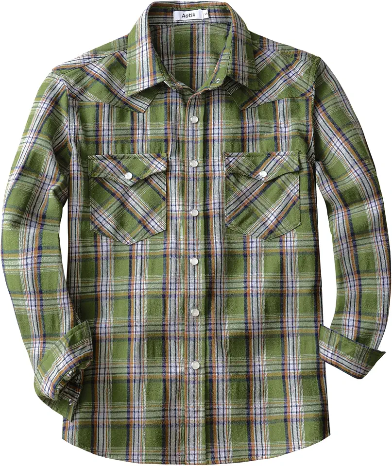AOTIK Mens Flannel Shirt Long Sleeve Pearl Snap Western Cowboy Shirts