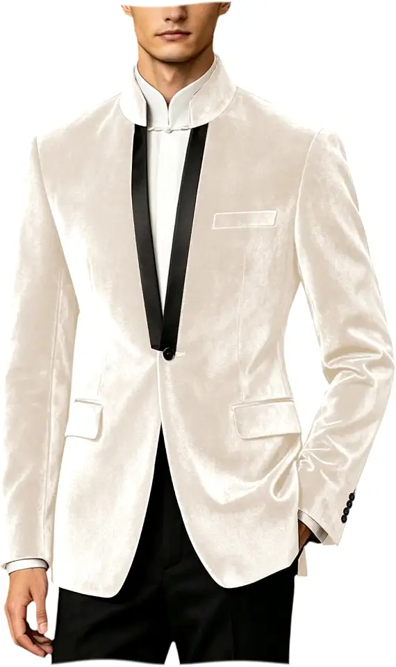 Men's Velvet Stand Collar Tuxedo Jacket One Button Satin Trim Blazer