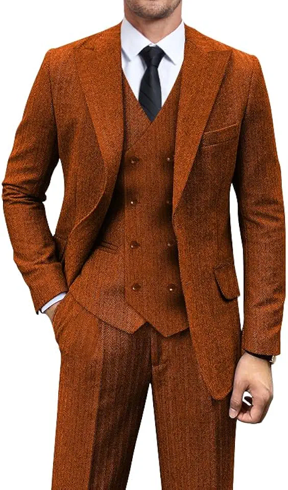 Vintage Tweed Herringbone 3 Pieces Suits for Men 2 Button Prom Dress Tuxedo