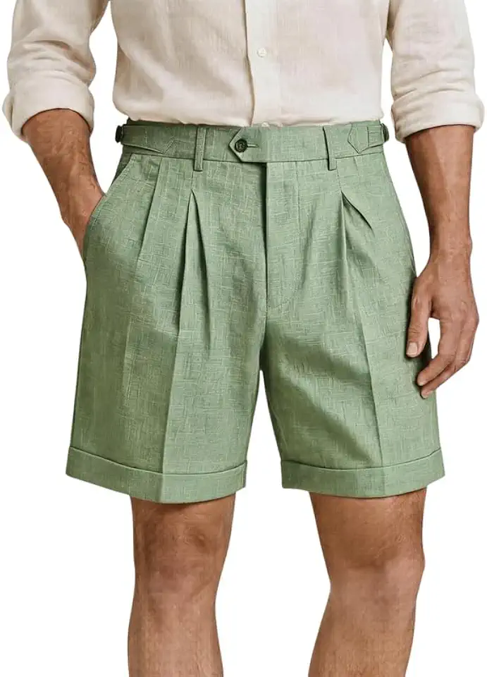 Mens Linen Shorts Adjustable Waistband Pleated Front Breathable Summer Casual Shorts for Wedding Beach
