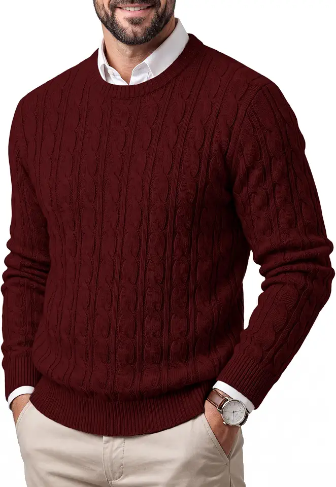 Cotrasen Mens Sweater Crewneck Cable Knit Pullover Slim Fit Sweaters