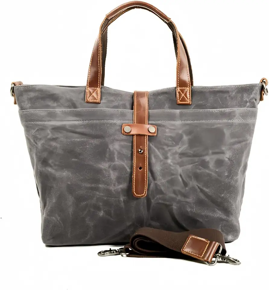 Waxed Canvas Tote Bag with Genuine Leather Trim