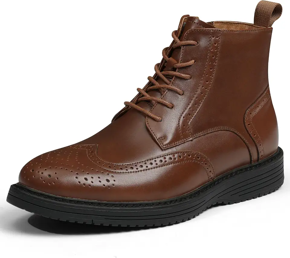 Mens Dress Boots, Genuine Leather Brogue Wingtip Mens Casual Oxford Boots with Side Zipper, Comfortable Formal Lace Up Chukka Ankle Boot for Men