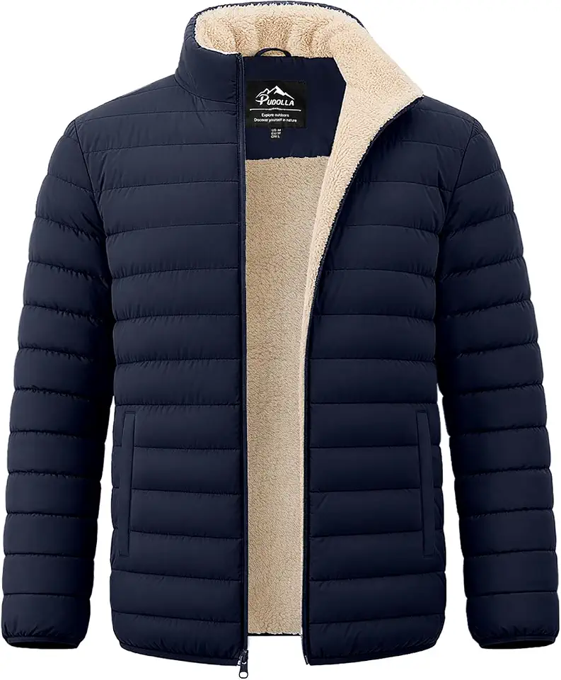 Pudolla Men's Sherpa Lined Puffer Jacket Water Resistant Warm Winter Coat Fleece Lining, Windproof, Insulated Full Zip Jackets