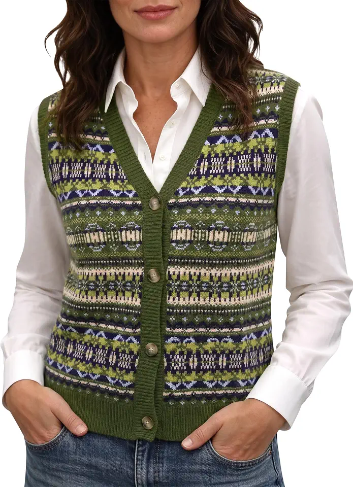 Women Christmas Sweater Vest Xmas V Neck Button Up Sleeveless Sweater