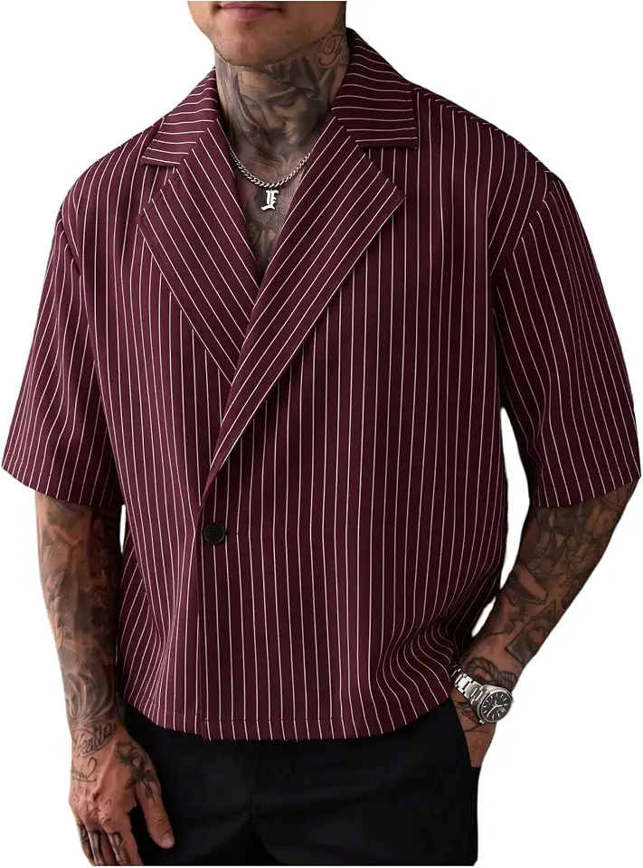 GORGLITTER Men's Striped Cropped Shirt Button Up Short Sleeve Streetwear