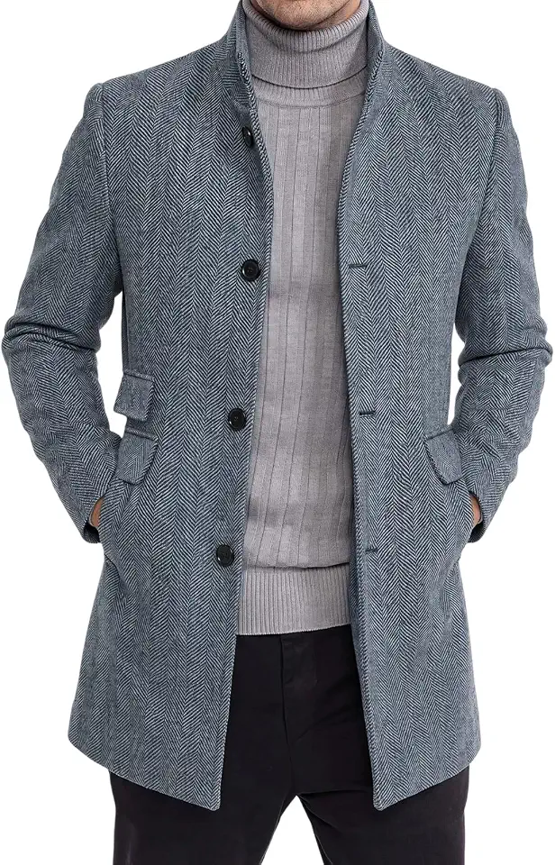 Runcati Mens Pea Coat Herringbone Tweed Single Breasted Trench Coat