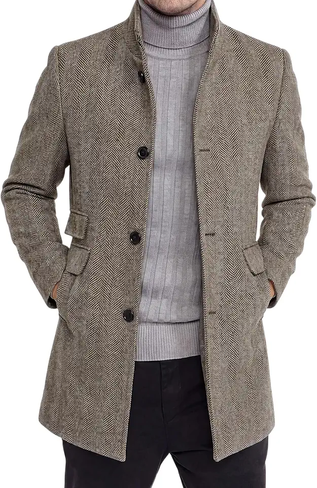 Runcati Mens Pea Coat Herringbone Tweed Single Breasted Trench Coat