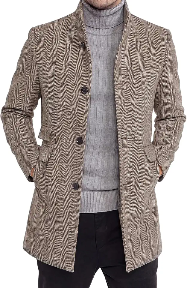 Runcati Mens Pea Coat Herringbone Tweed Single Breasted Trench Coat