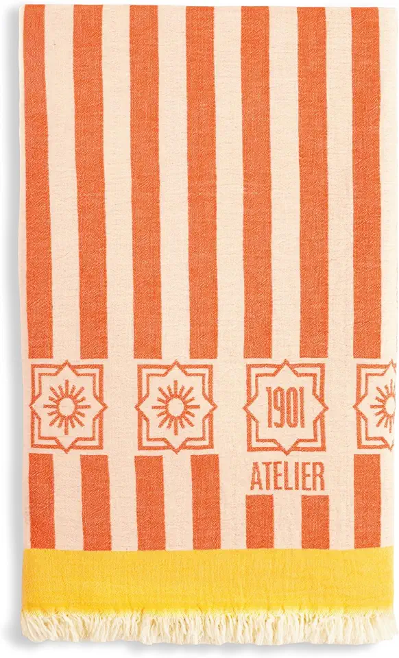1901 Atelier Helios Hand Woven 435 GSM Striped Beach Towel, Cotton – Orange