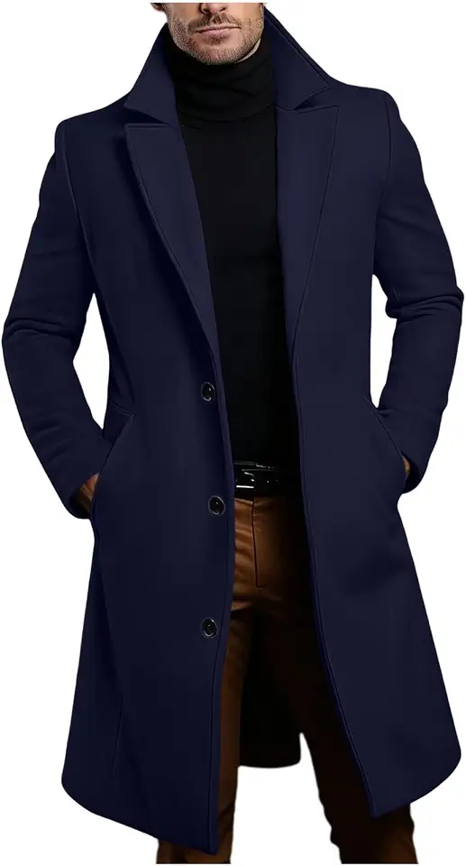 Men's Wool Blend Pea Coat Lapel Collar Single Breasted Winter Overcoat